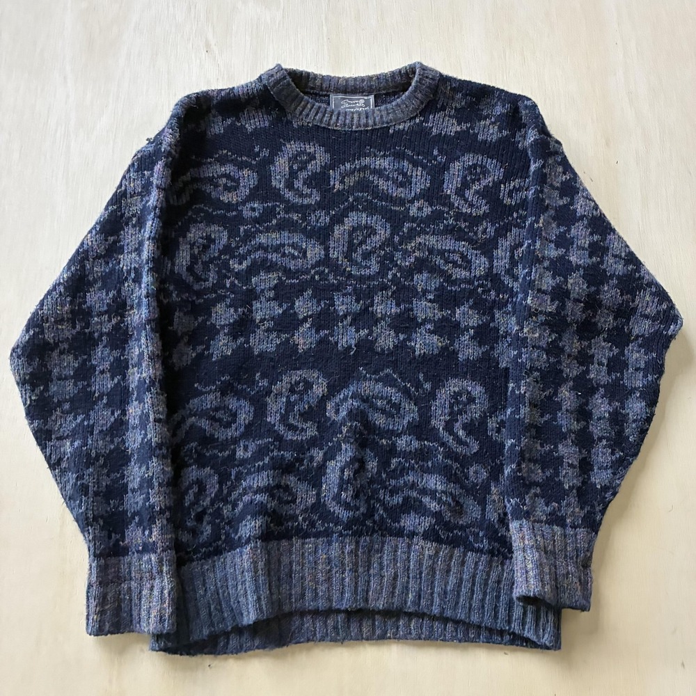 Vintage Le Tigre Sweater Mens Medium Blue Paisley Tight Knit Crewneck Pullover